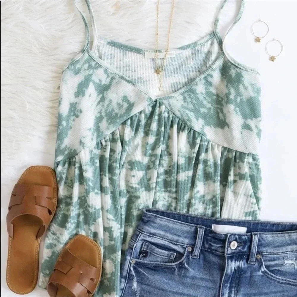 Sage Tie Dye Babydoll Top | Boho Summer Tank | Waffle Knit Cami